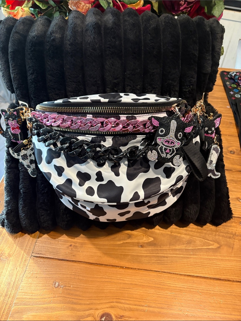 Cow Print Crossbody Belt Bag with Pink & Black Chains